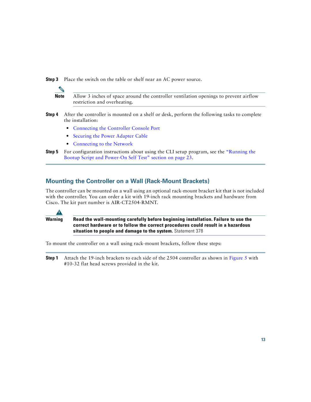 Cisco Systems AIR-CT2504-5-K9, 2500 manual Mounting the Controller on a Wall Rack-Mount Brackets 