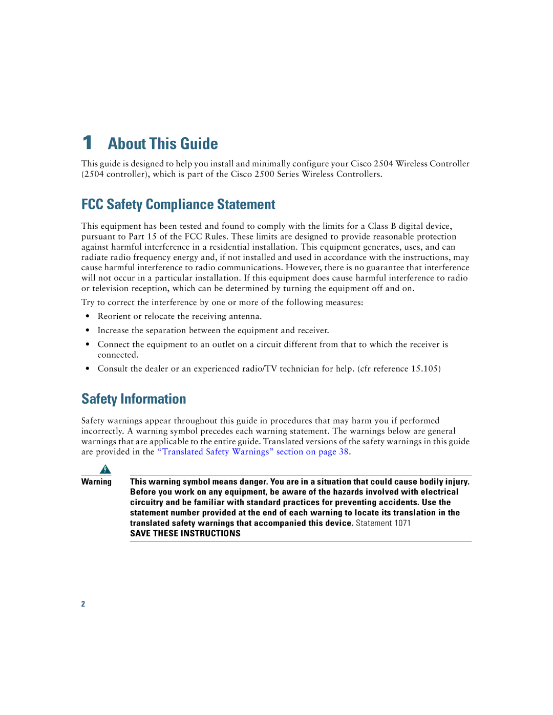 Cisco Systems 2500, AIR-CT2504-5-K9 manual FCC Safety Compliance Statement, Safety Information 