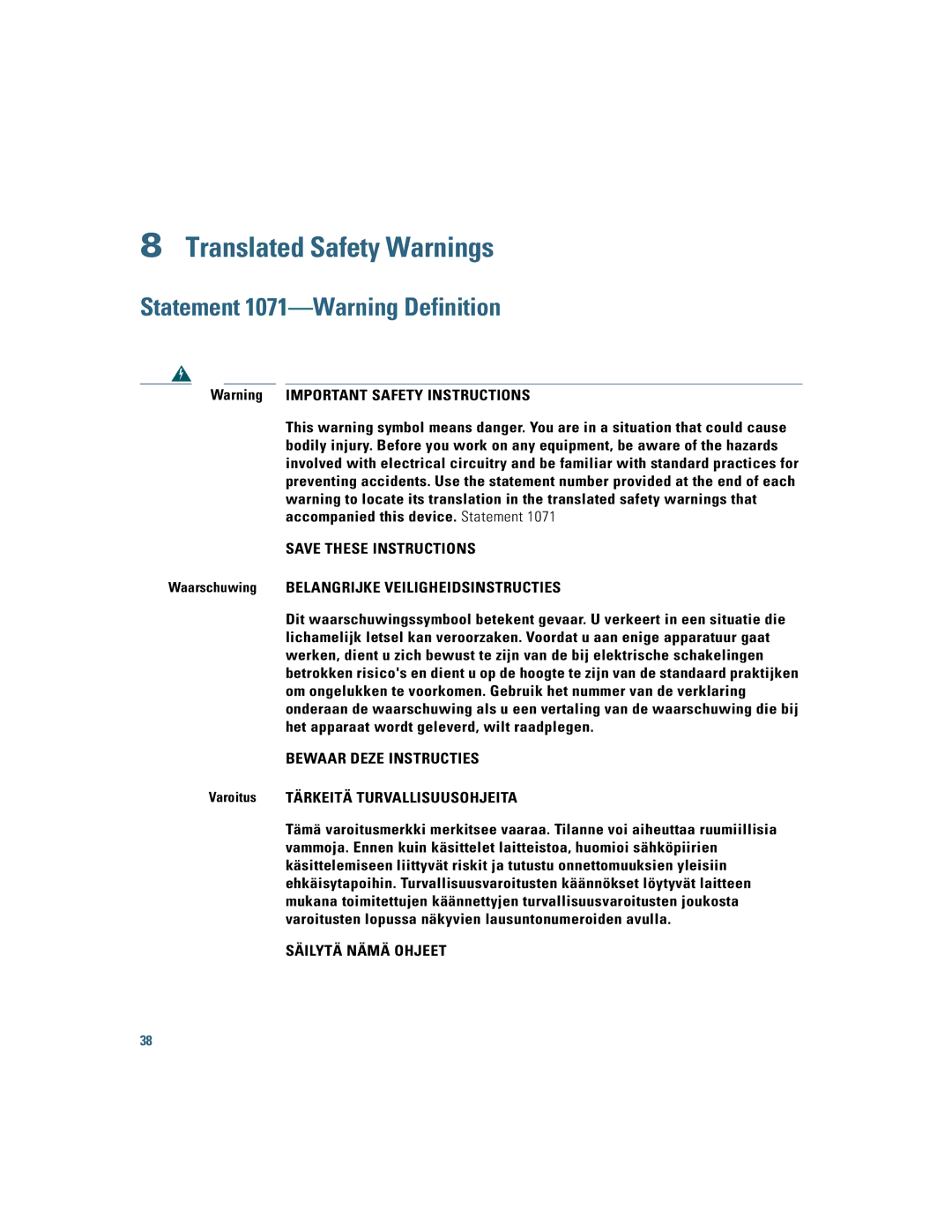 Cisco Systems 2500, CT2504 manual Statement 1071-Warning Definition, Waarschuwing Belangrijke Veiligheidsinstructies 