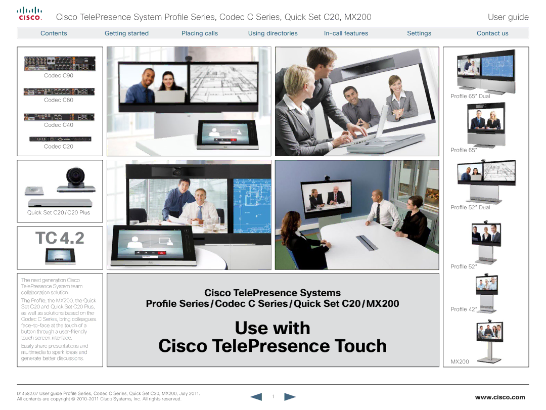 Cisco Systems CTSMX20042K9 manual Use with Cisco TelePresence Touch 