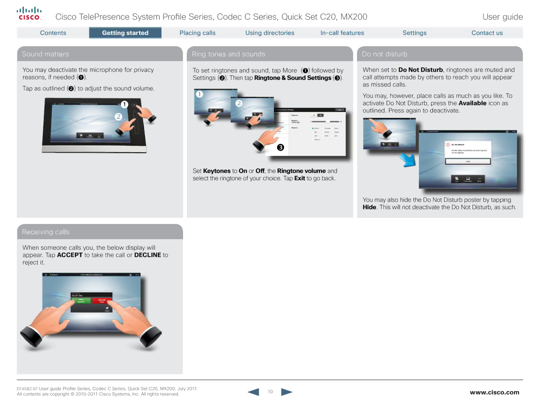 Cisco Systems CTSMX20042K9 manual Sound matters, Ring tones and sounds, Do not disturb, Receiving calls 