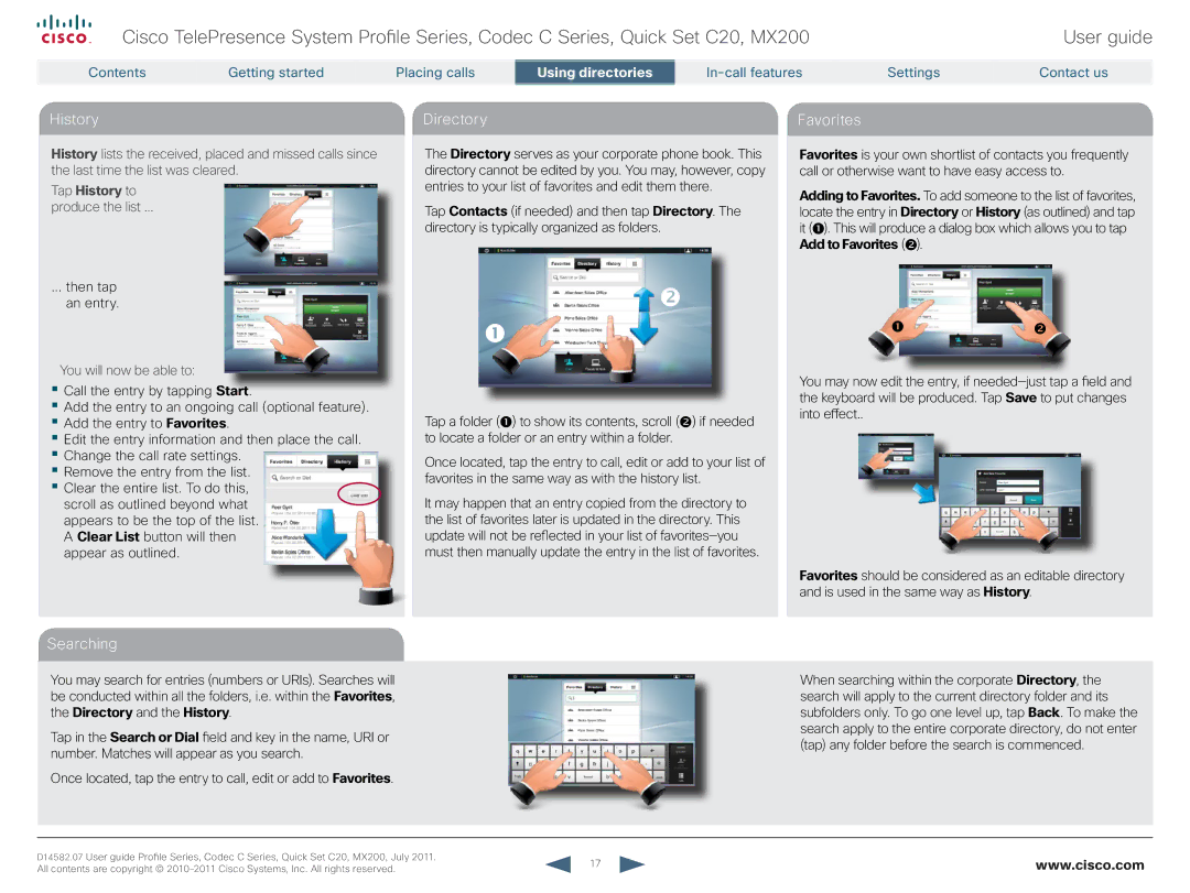 Cisco Systems CTSMX20042K9 manual History, Directory, Favorites, Searching 