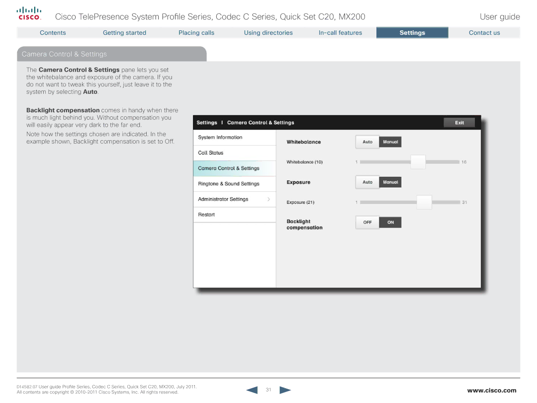 Cisco Systems CTSMX20042K9 manual Camera Control & Settings 