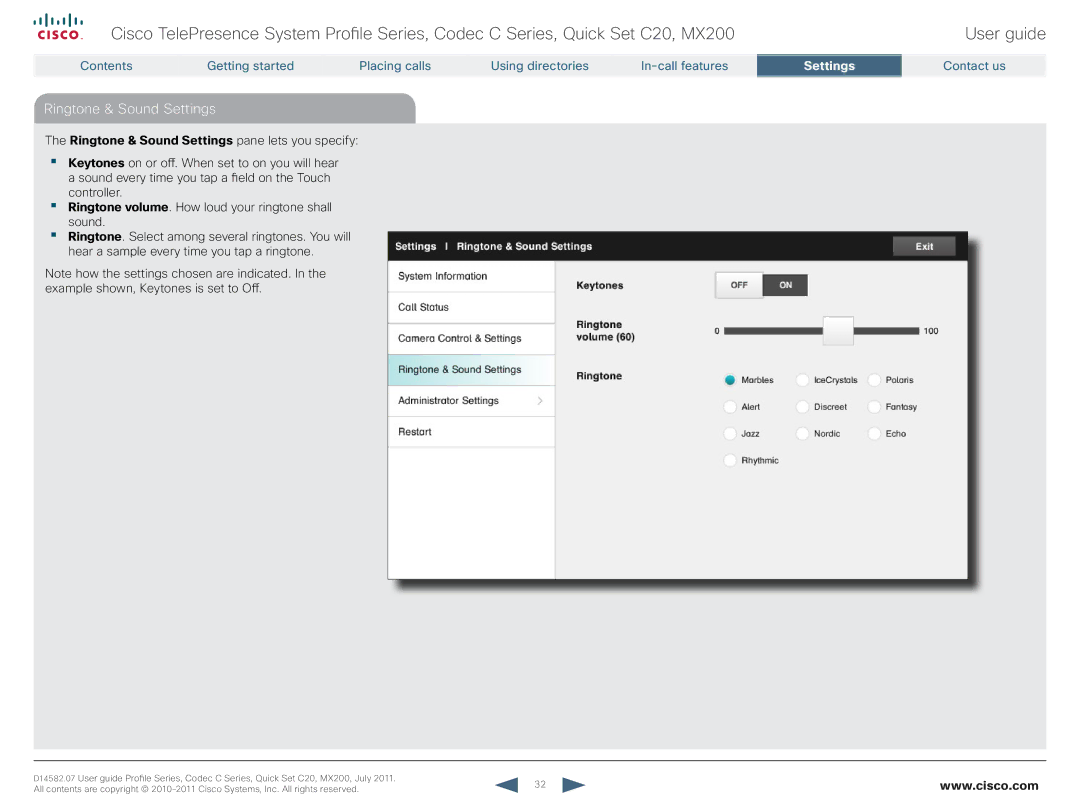 Cisco Systems CTSMX20042K9 manual Ringtone & Sound Settings 