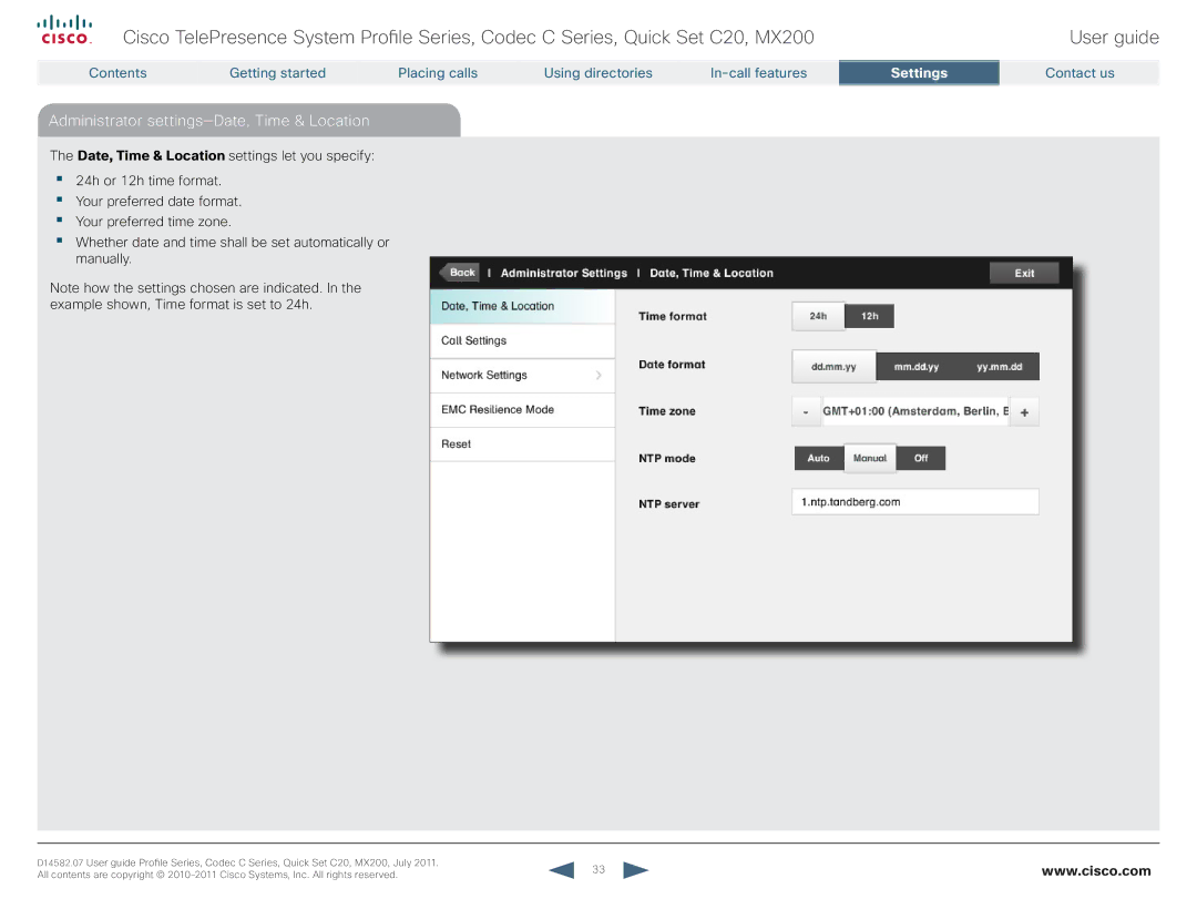 Cisco Systems CTSMX20042K9 manual Administrator settings-Date, Time & Location 