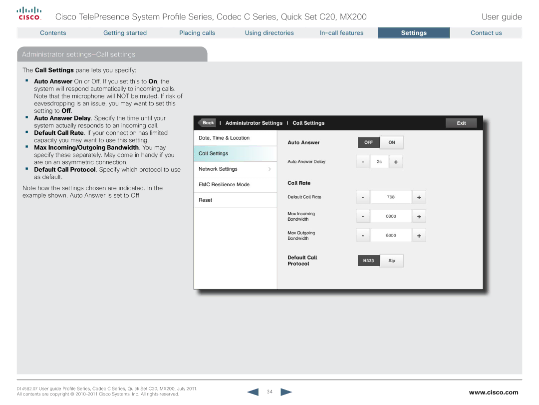 Cisco Systems CTSMX20042K9 manual Administrator settings-Call settings 