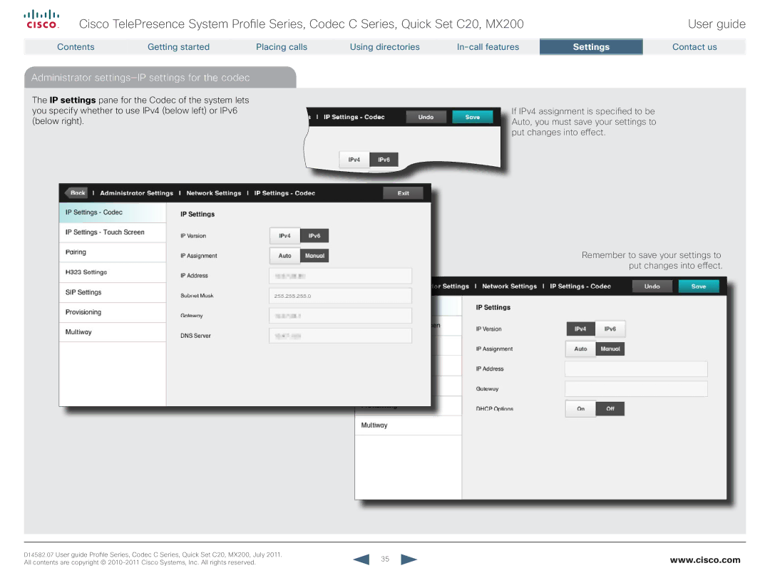 Cisco Systems CTSMX20042K9 manual Administrator settings-IP settings for the codec 