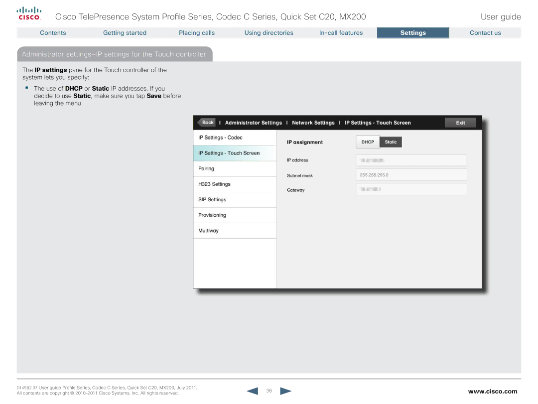 Cisco Systems CTSMX20042K9 manual Administrator settings-IP settings for the Touch controller 