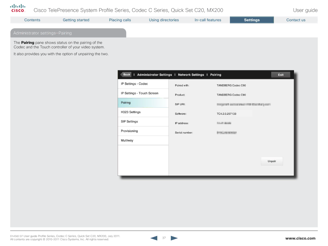 Cisco Systems CTSMX20042K9 manual Administrator settings-Pairing 