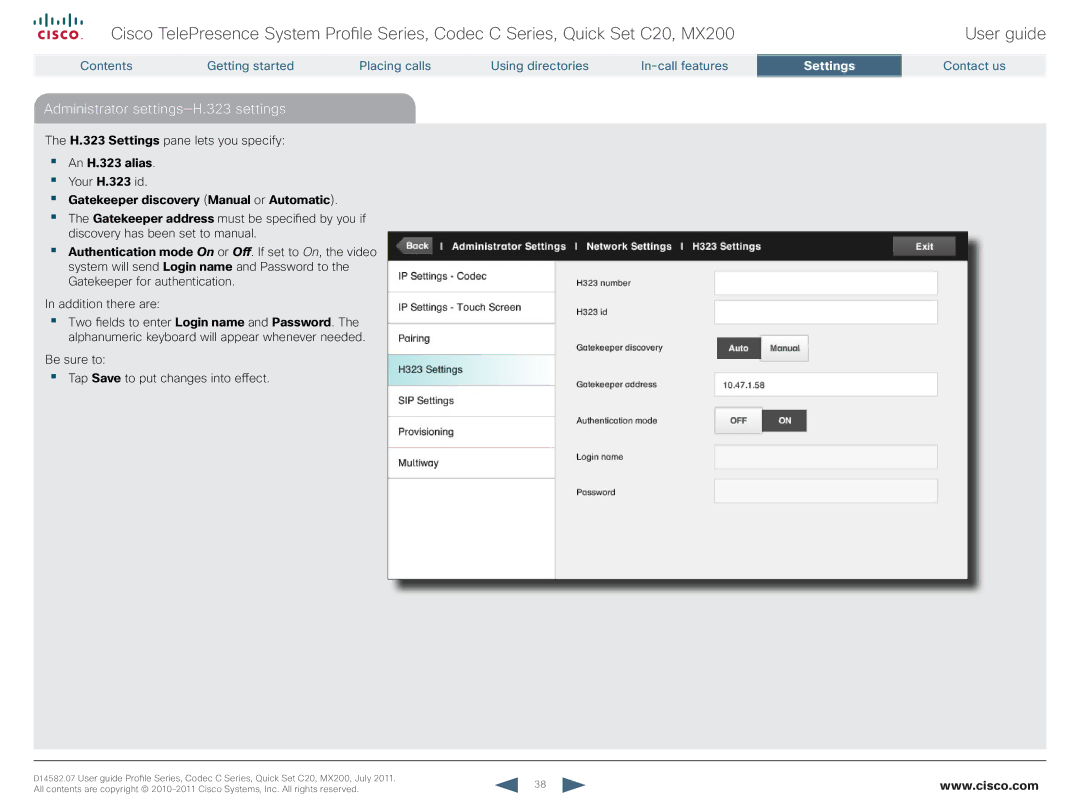 Cisco Systems CTSMX20042K9 Administrator settings-H.323 settings, An H.323 alias, Gatekeeper discovery Manual or Automatic 