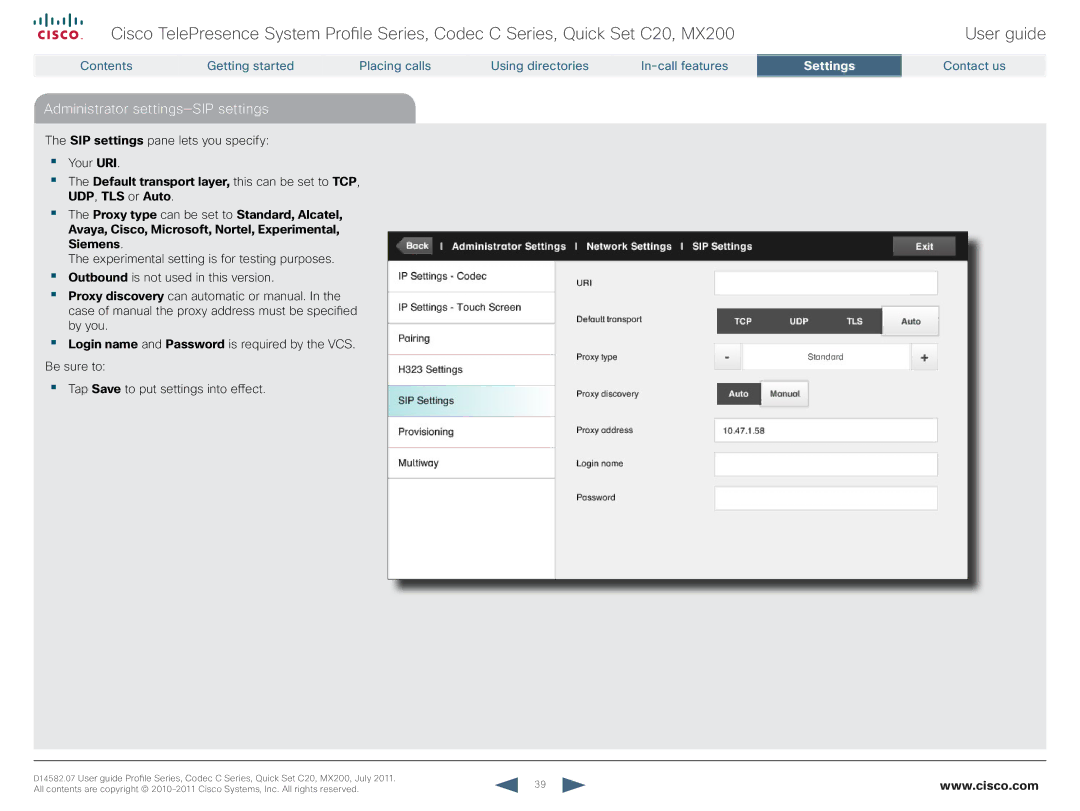 Cisco Systems CTSMX20042K9 manual Administrator settings-SIP settings 