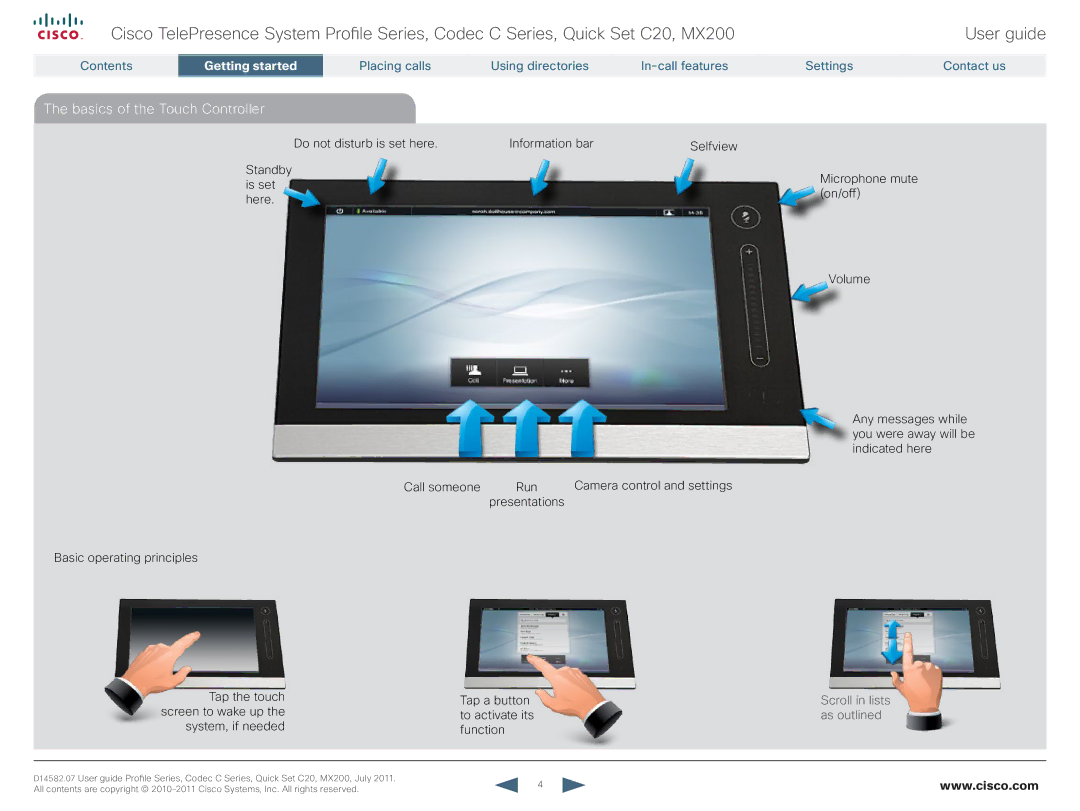 Cisco Systems CTSMX20042K9 manual Basics of the Touch Controller, Scroll in lists, As outlined 