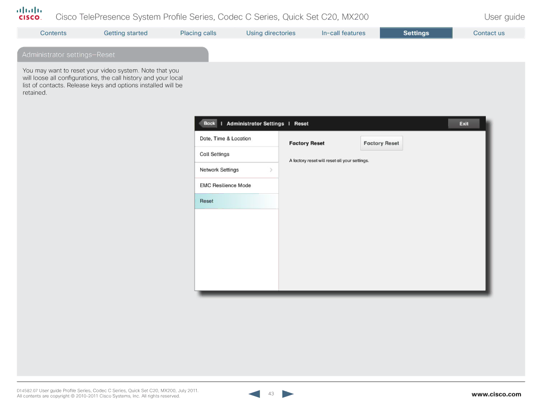 Cisco Systems CTSMX20042K9 manual Administrator settings-Reset 