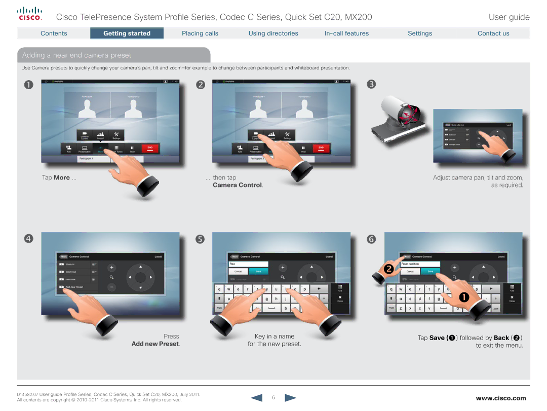 Cisco Systems CTSMX20042K9 manual Adding a near end camera preset, Tap More then tap, Press, For the new preset 