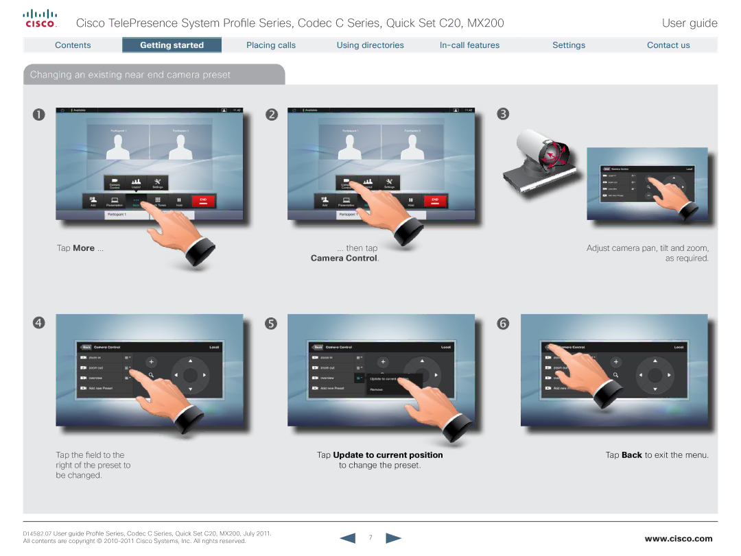 Cisco Systems CTSMX20042K9 manual Changing an existing near end camera preset, Tap Update to current position 