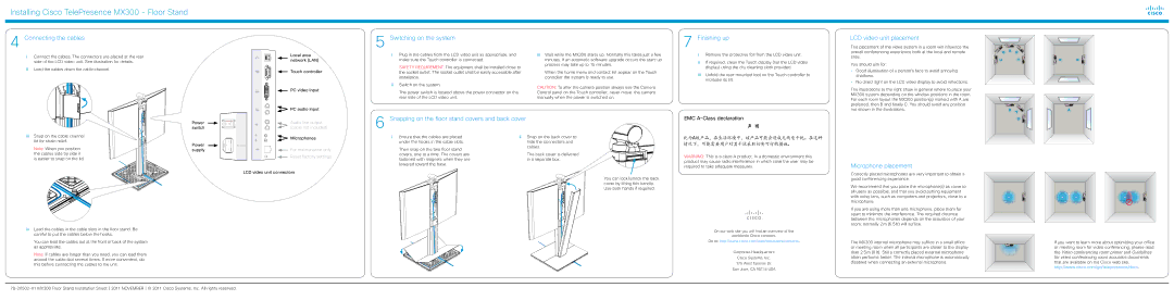 Cisco Systems CTSMX30055K9 Connecting the cables, Switching on the system, Finishing up, LCD video unit placement 