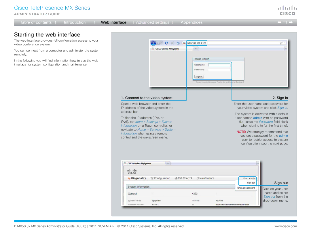 Cisco Systems CTSMX30055K9 manual Starting the web interface, Connect to the video system, Sign out 