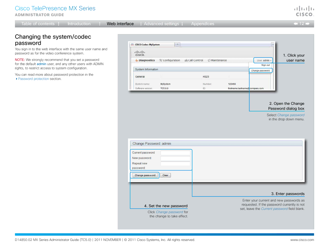 Cisco Systems CTSMX30055K9 Changing the system/codec password, Click your user name Open the Change Password dialog box 