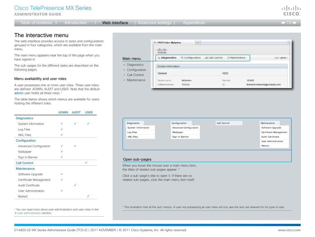 Cisco Systems CTSMX30055K9 manual Interactive menu, Menu availability and user roles, Main menu, Open sub-pages 