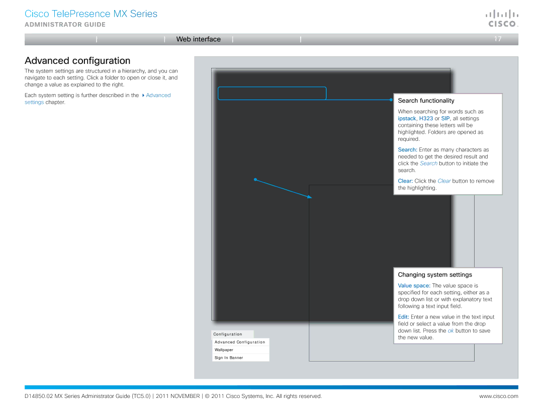 Cisco Systems CTSMX30055K9 manual Advanced configuration, Search functionality, Changing system settings 