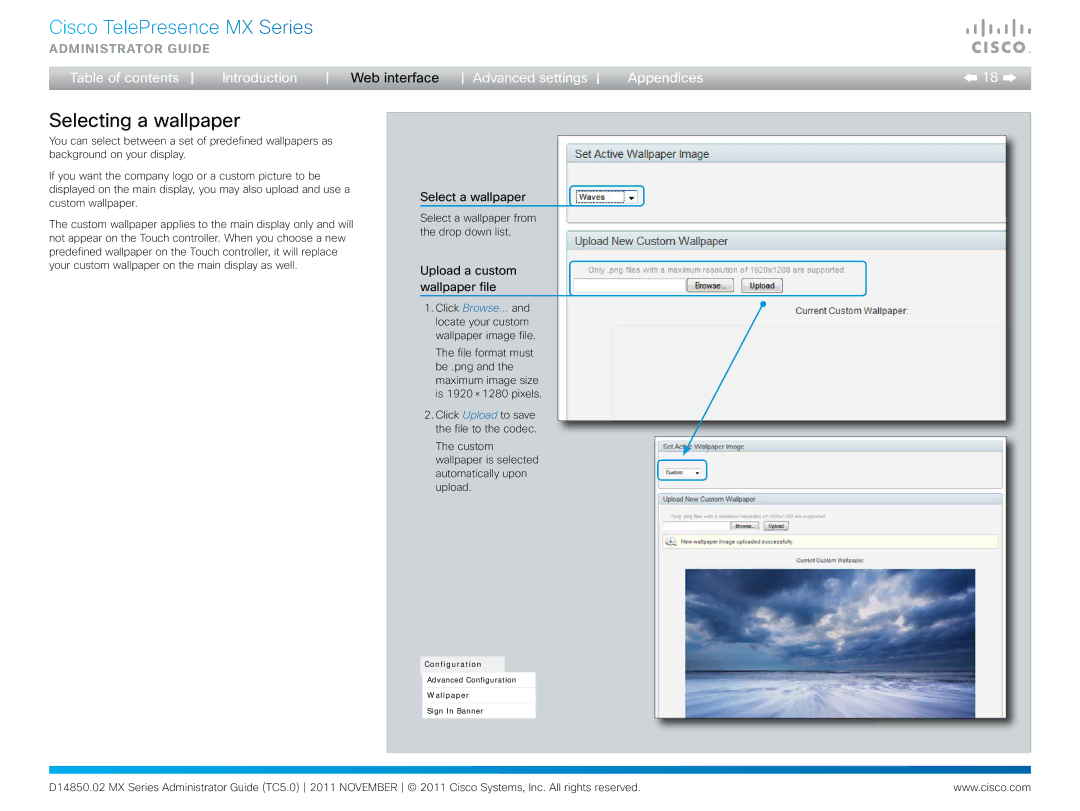 Cisco Systems CTSMX30055K9 manual Selecting a wallpaper, Select a wallpaper, Upload a custom wallpaper file 