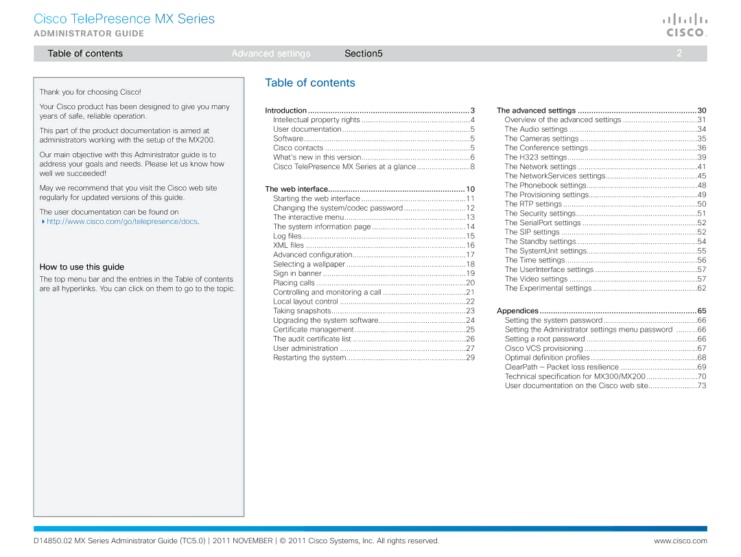 Cisco Systems CTSMX30055K9 manual Cisco TelePresence MX Series, Table of contents 