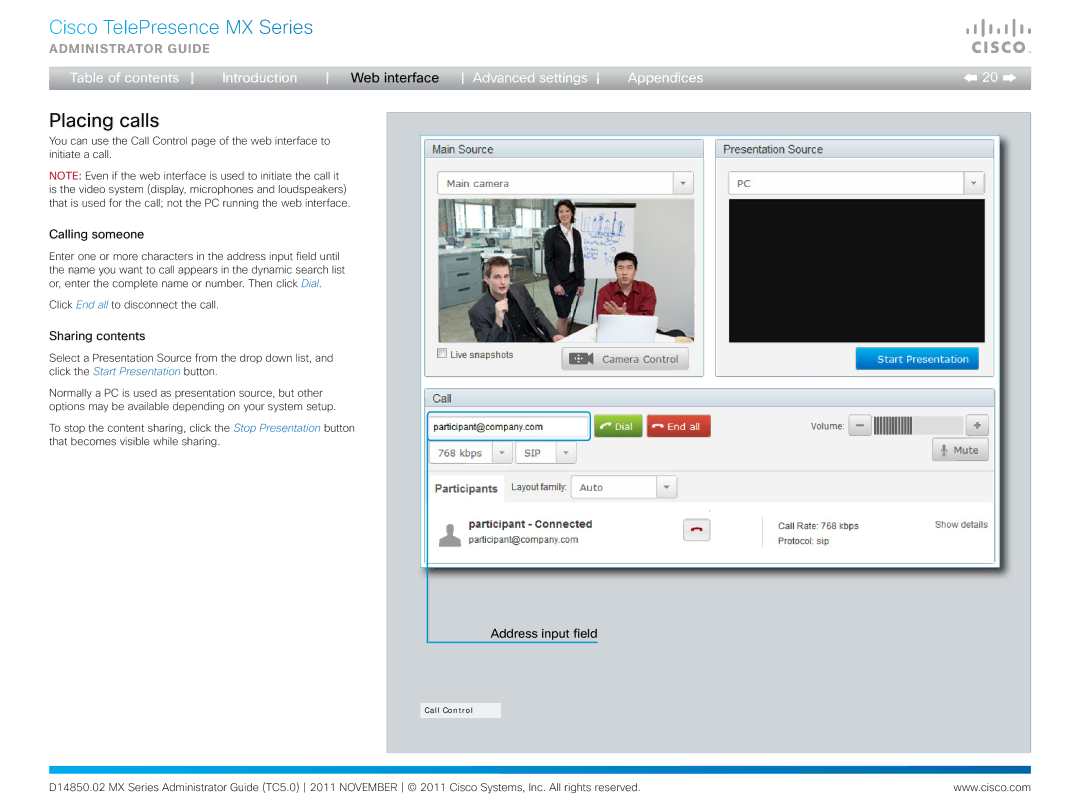 Cisco Systems CTSMX30055K9 manual Placing calls, Calling someone, Sharing contents, Address input field 