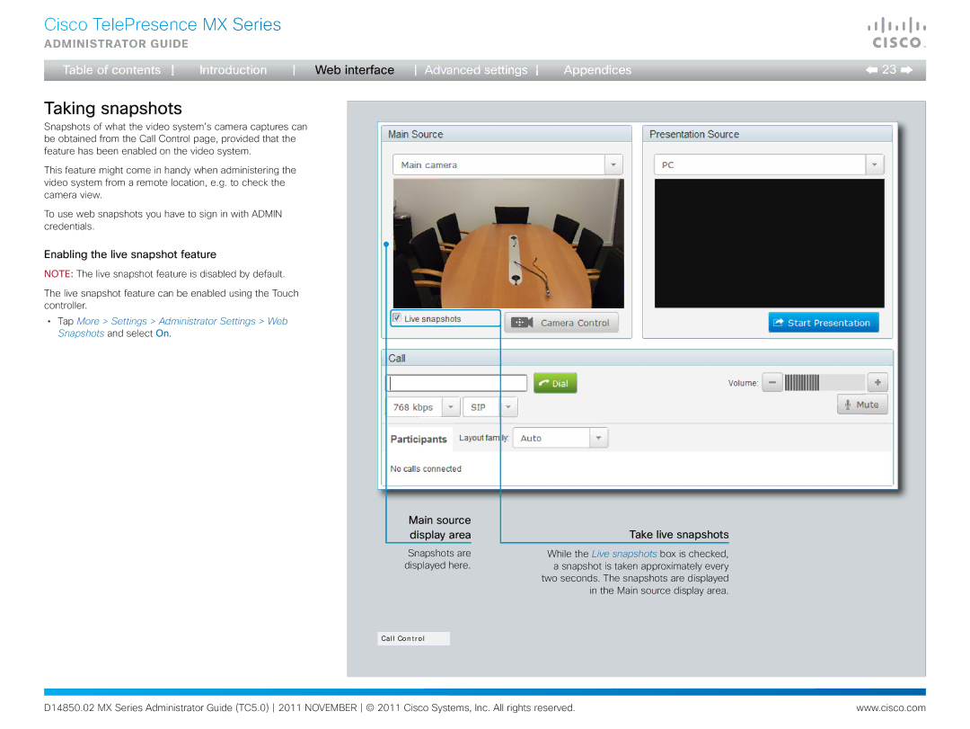 Cisco Systems CTSMX30055K9 manual Taking snapshots, Enabling the live snapshot feature 