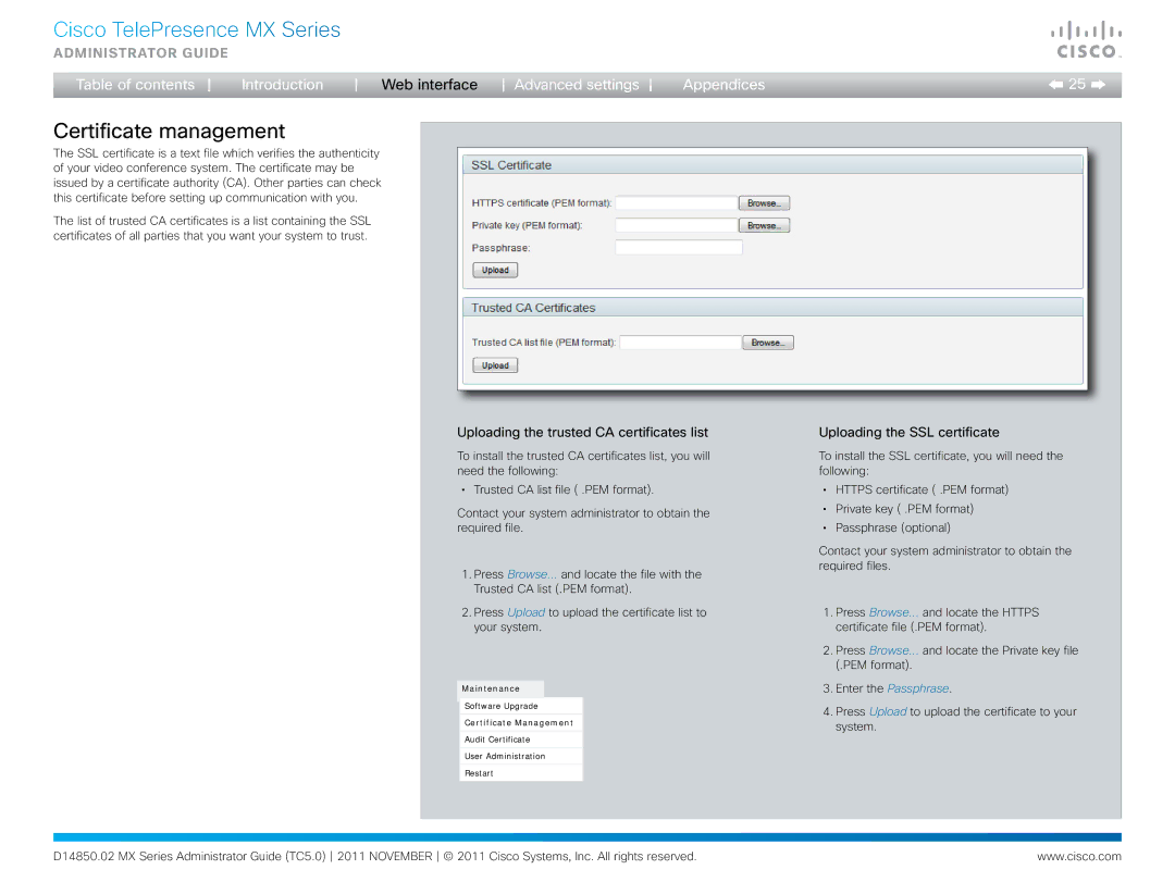 Cisco Systems CTSMX30055K9 manual Certificate management, Uploading the trusted CA certificates list 