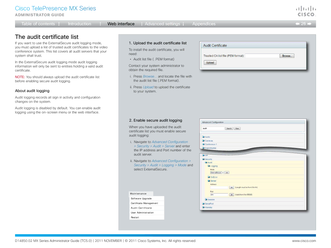 Cisco Systems CTSMX30055K9 manual Audit certificate list, About audit logging, Upload the audit certificate list 