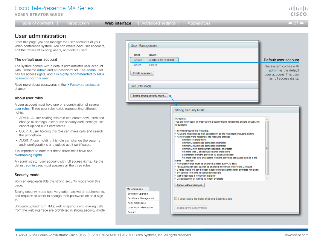 Cisco Systems CTSMX30055K9 manual User administration, Default user account, About user roles, Security mode 