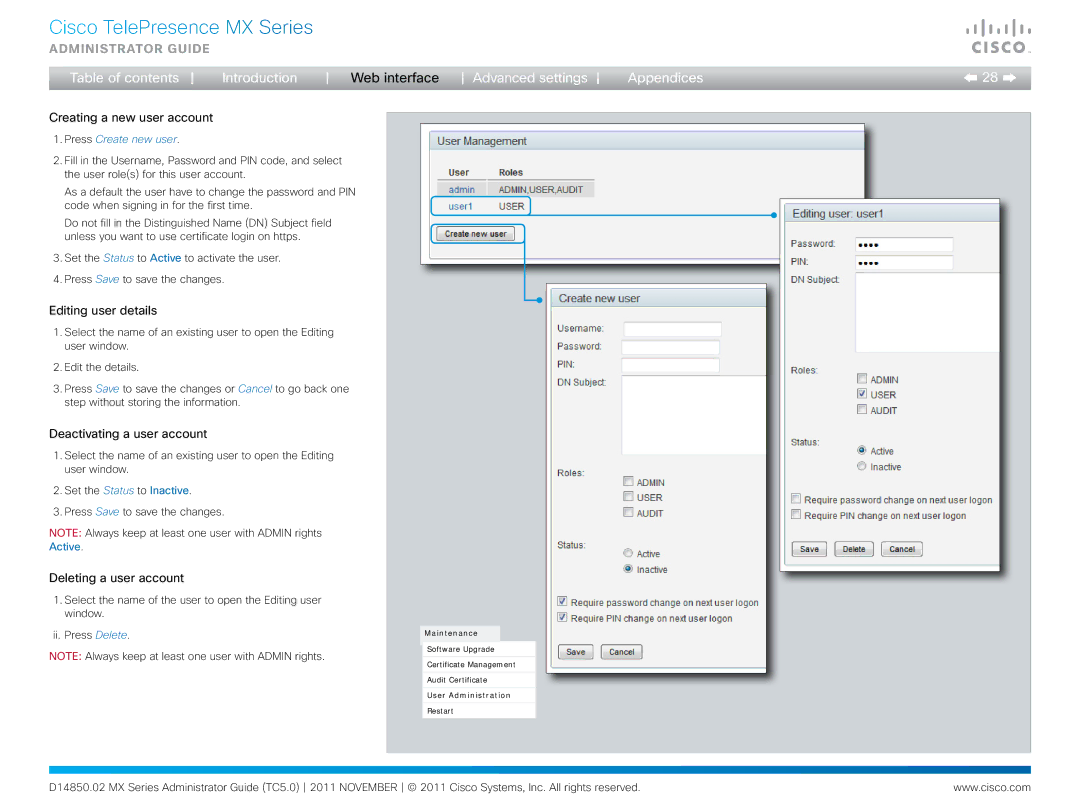 Cisco Systems CTSMX30055K9 manual Creating a new user account, Editing user details, Deactivating a user account 