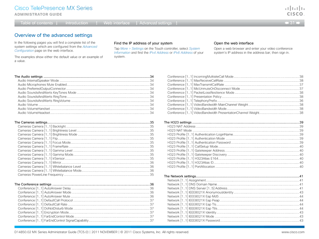 Cisco Systems CTSMX30055K9 Overview of the advanced settings, Find the IP address of your system Open the web interface 