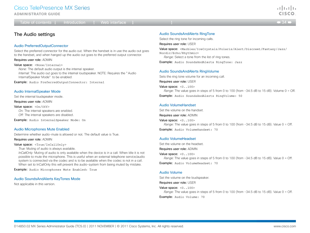 Cisco Systems CTSMX30055K9 manual Audio settings 