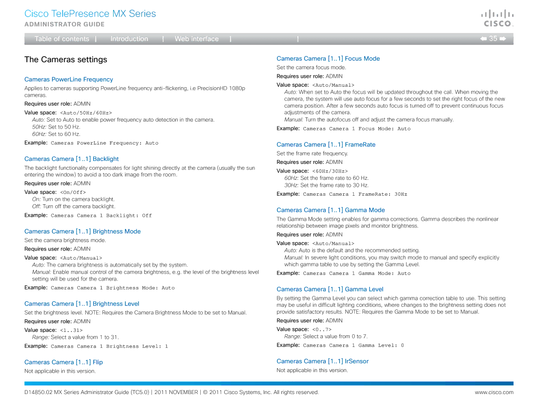 Cisco Systems CTSMX30055K9 manual Cameras settings 