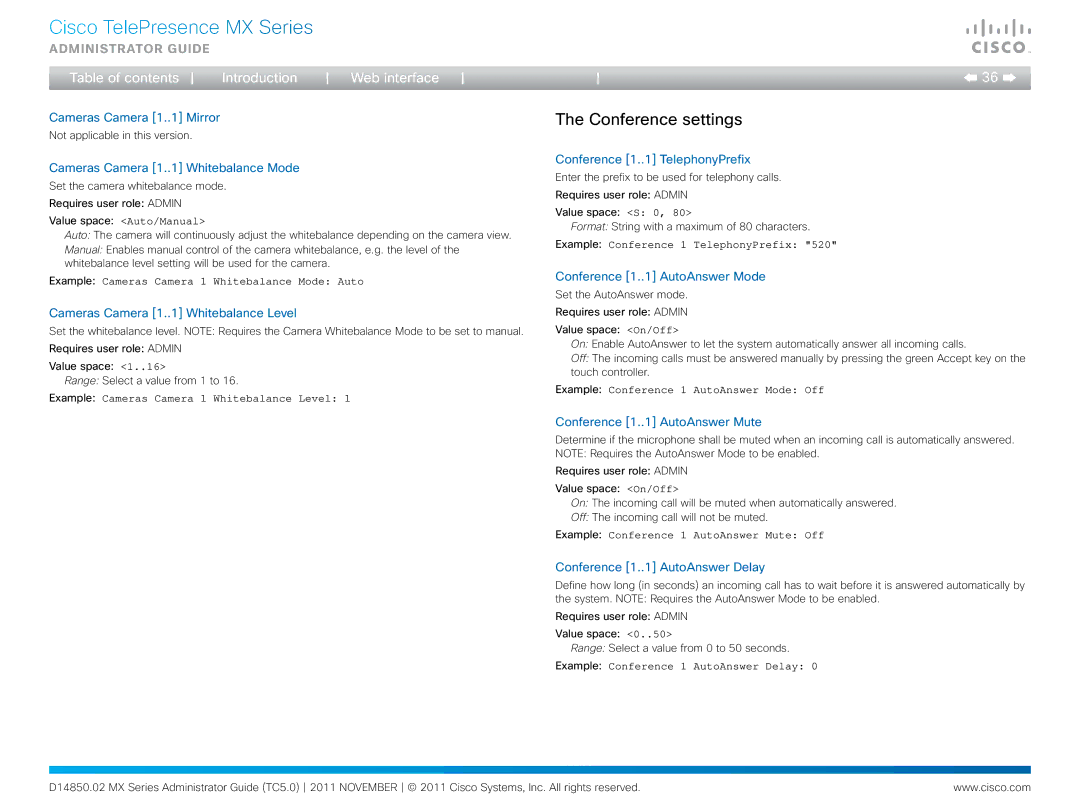 Cisco Systems CTSMX30055K9 manual Conference settings 