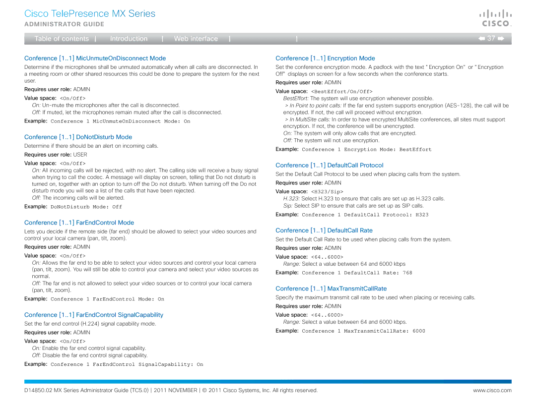 Cisco Systems CTSMX30055K9 manual Conference 1..1 MicUnmuteOnDisconnect Mode, Conference 1..1 DoNotDisturb Mode 