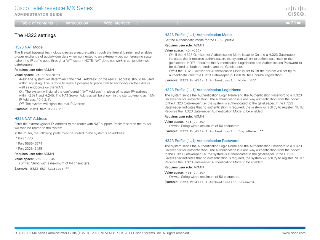 Cisco Systems CTSMX30055K9 manual H323 settings 