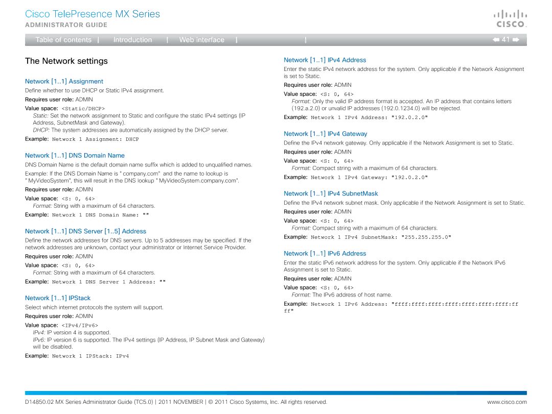 Cisco Systems CTSMX30055K9 manual Network settings 