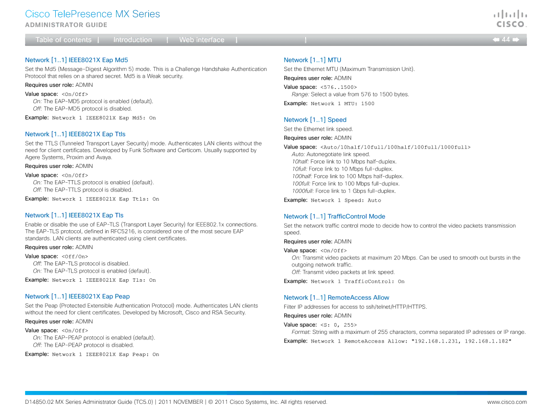 Cisco Systems CTSMX30055K9 manual Network 1..1 IEEE8021X Eap Md5, Network 1..1 IEEE8021X Eap Ttls, Network 1..1 MTU 