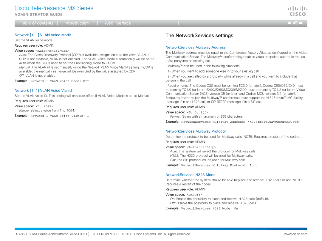 Cisco Systems CTSMX30055K9 manual NetworkServices settings 