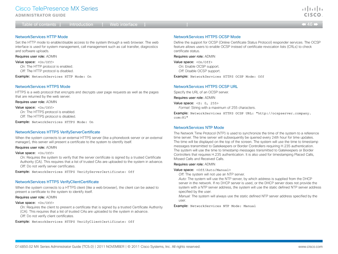 Cisco Systems CTSMX30055K9 manual NetworkServices Http Mode, NetworkServices Https Ocsp Mode, NetworkServices Https Mode 