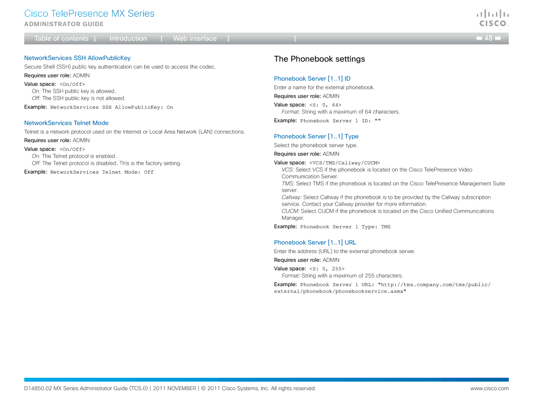 Cisco Systems CTSMX30055K9 manual Phonebook settings 