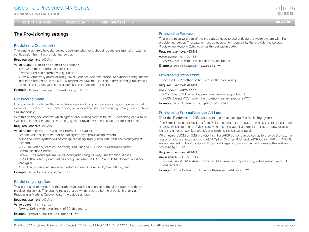 Cisco Systems CTSMX30055K9 manual Provisioning settings 