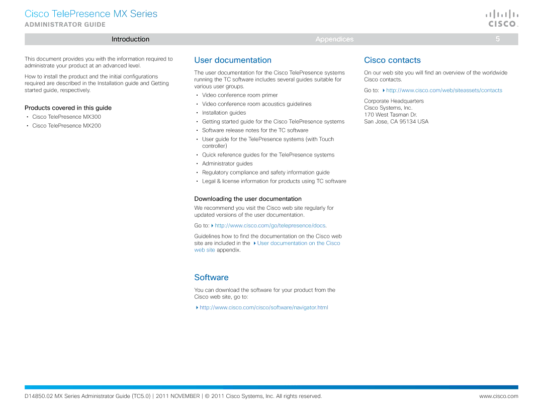 Cisco Systems CTSMX30055K9 manual User documentation, Cisco contacts, Software, Products covered in this guide 