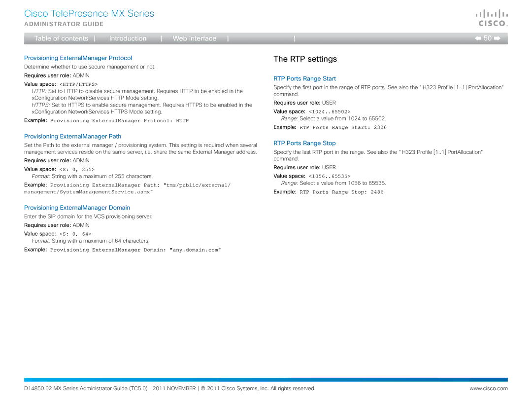 Cisco Systems CTSMX30055K9 manual RTP settings 