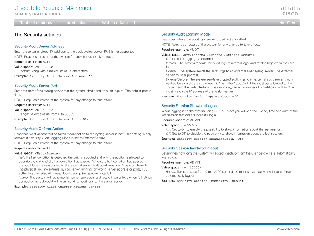 Cisco Systems CTSMX30055K9 manual Security settings 