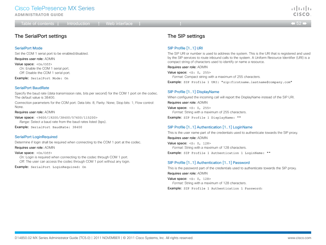 Cisco Systems CTSMX30055K9 manual SerialPort settings, SIP settings 