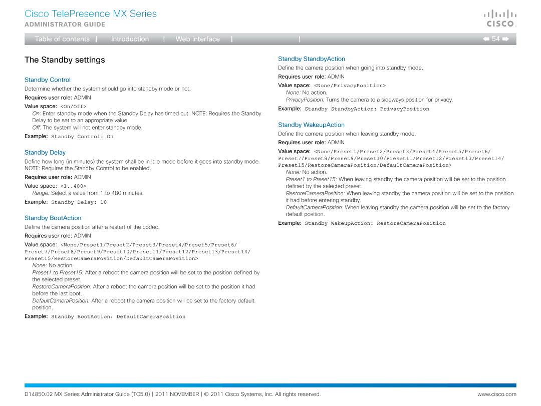 Cisco Systems CTSMX30055K9 manual Standby settings 