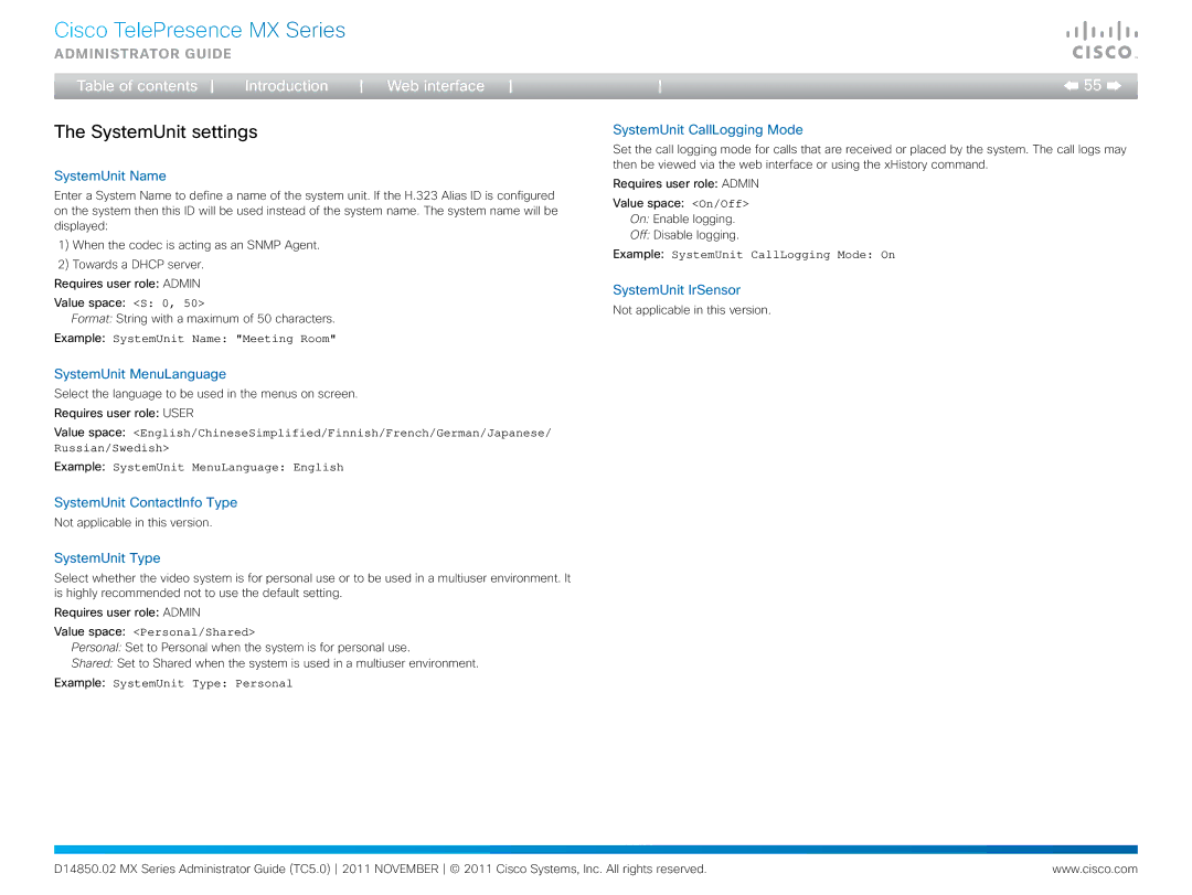 Cisco Systems CTSMX30055K9 manual SystemUnit settings 